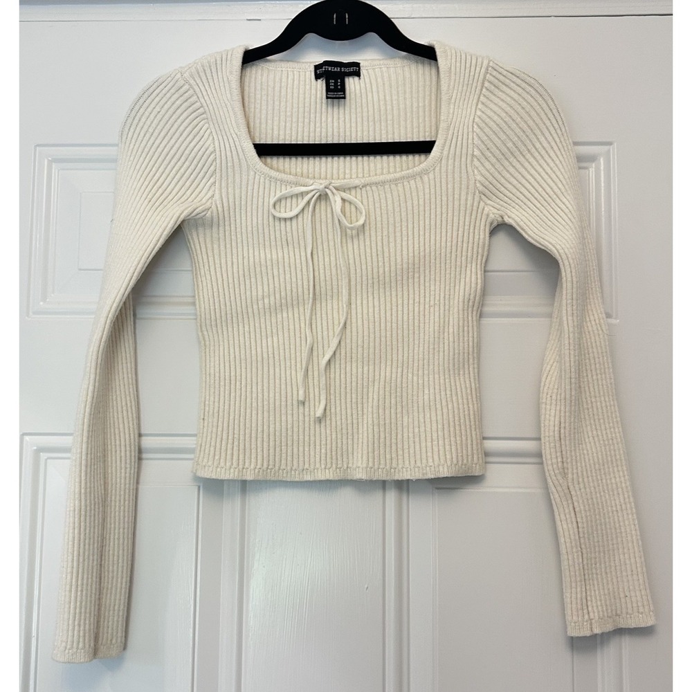 Streetwear Society Long Sleeve Stretch Ivory Top Bow Square Neck Crop Small